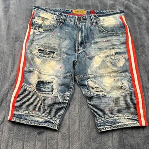 Makobi Men Blue Distressed Moto Denim Shorts M785 Size 38 Red Stripe Paint Splat